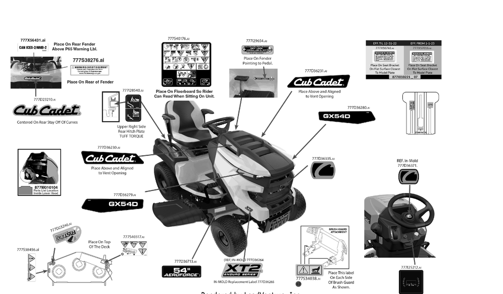Label Map Diagram and Parts List for XT2-GX54DKH (14AQA6TMA10)(2023) Cub Cadet Lawn Tractor